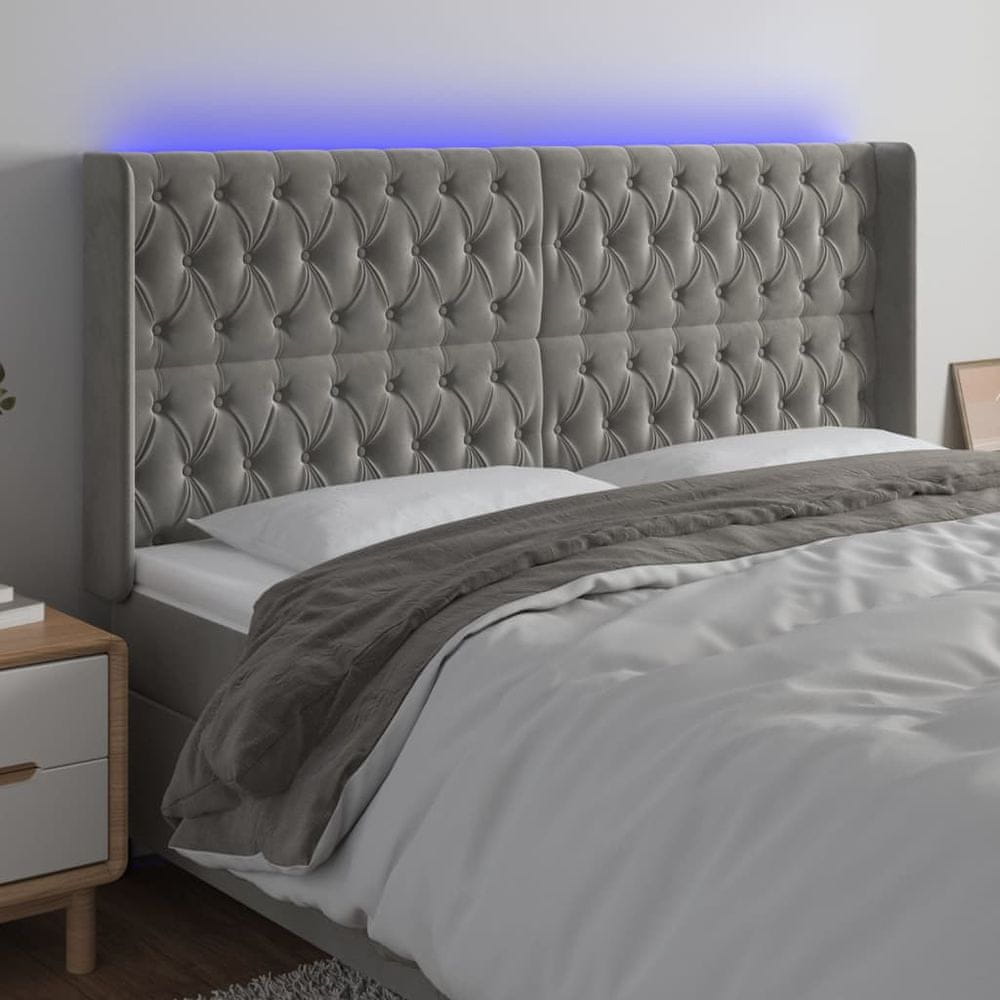 shumee Čelo postele s LED bledosivé 203x16x118/128 cm zamat